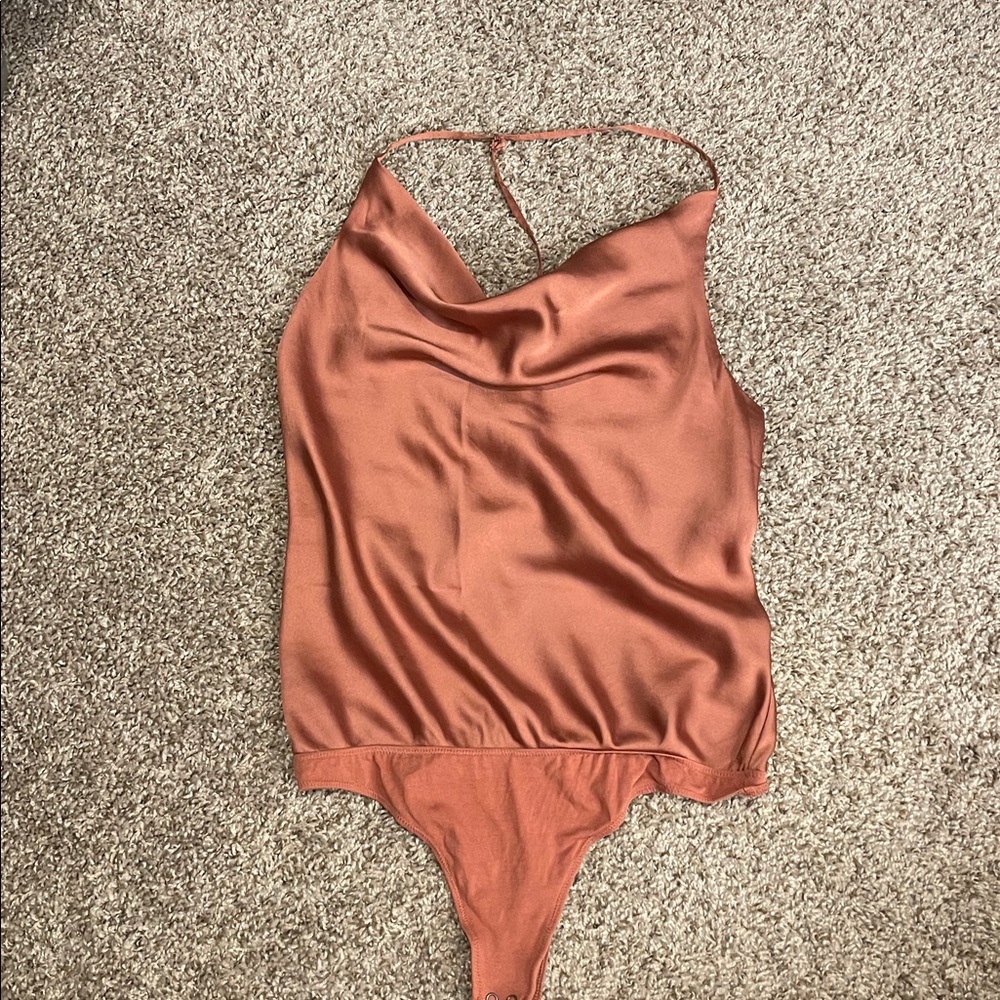 Satin Halter Drape Neck Bodysuit in Rust